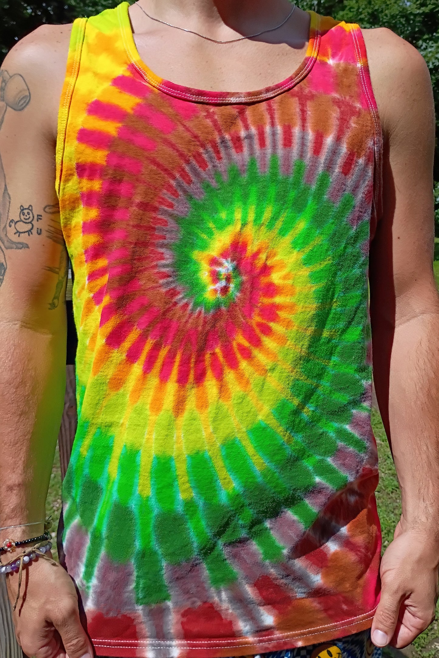 Tropics Tie Dye Spiral Tank Top Modeled
