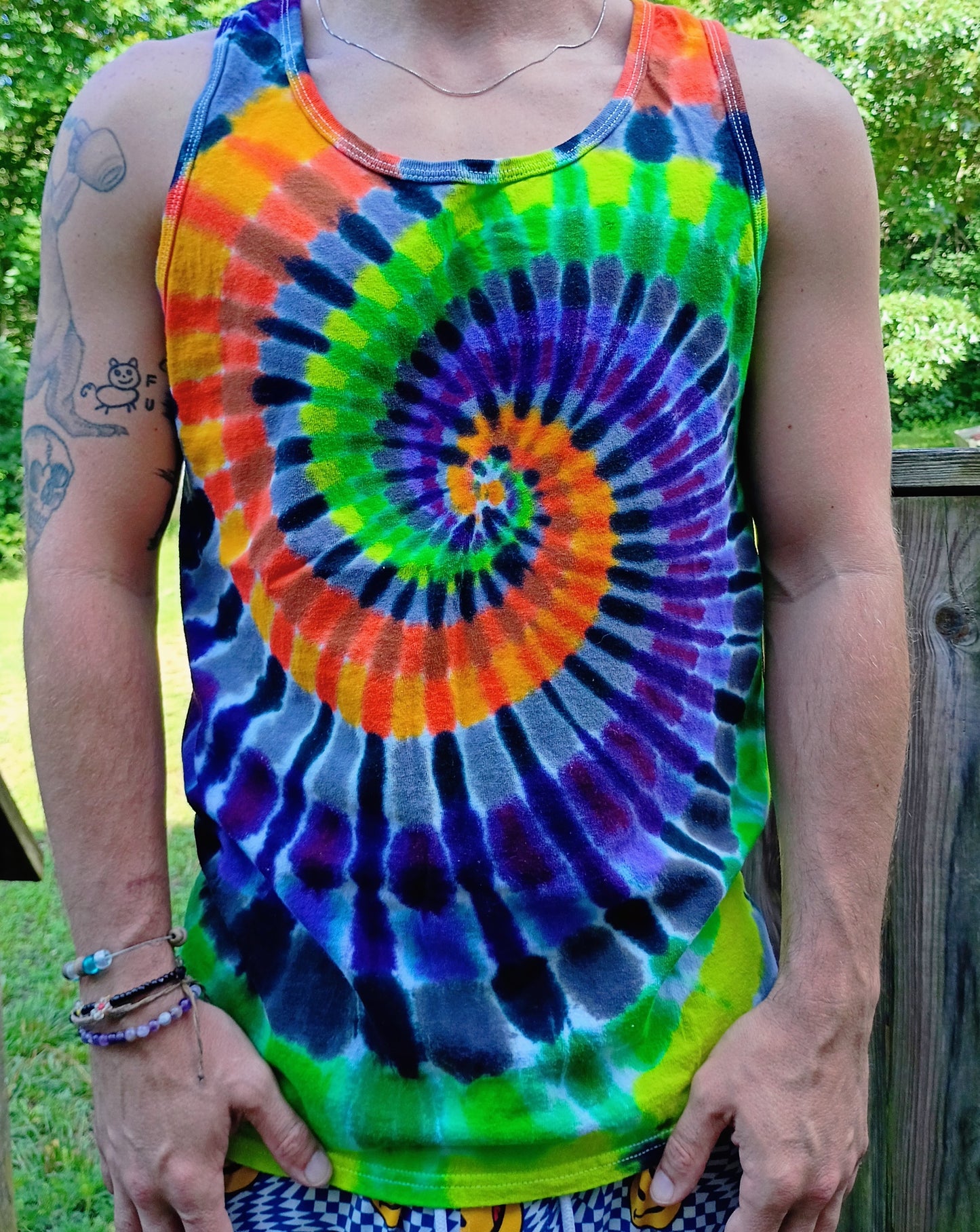Spoopy Tie Dye Spiral Tank Top Modeled