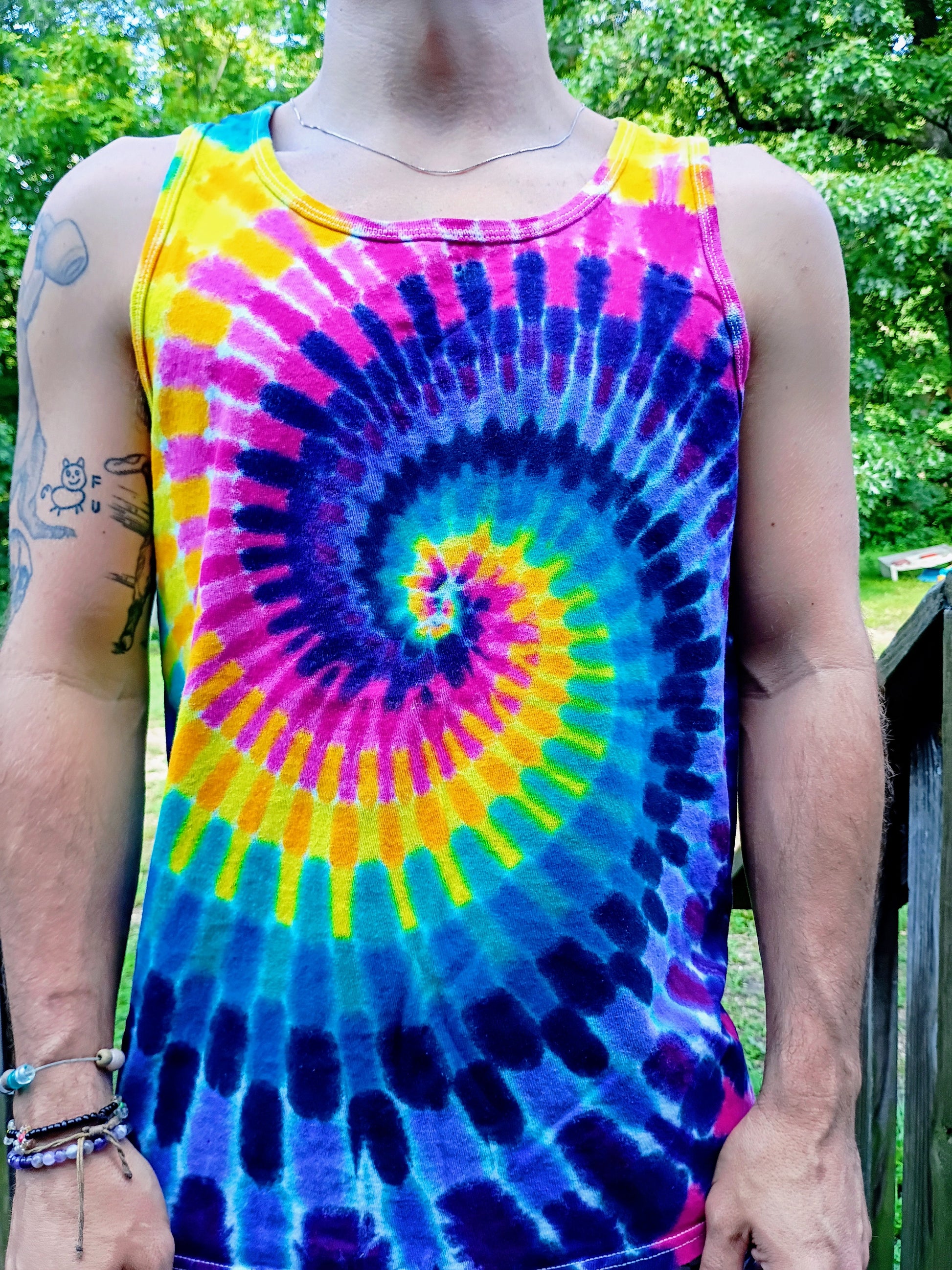 Sunset Tie Dye Spiral Tank Top Modeled