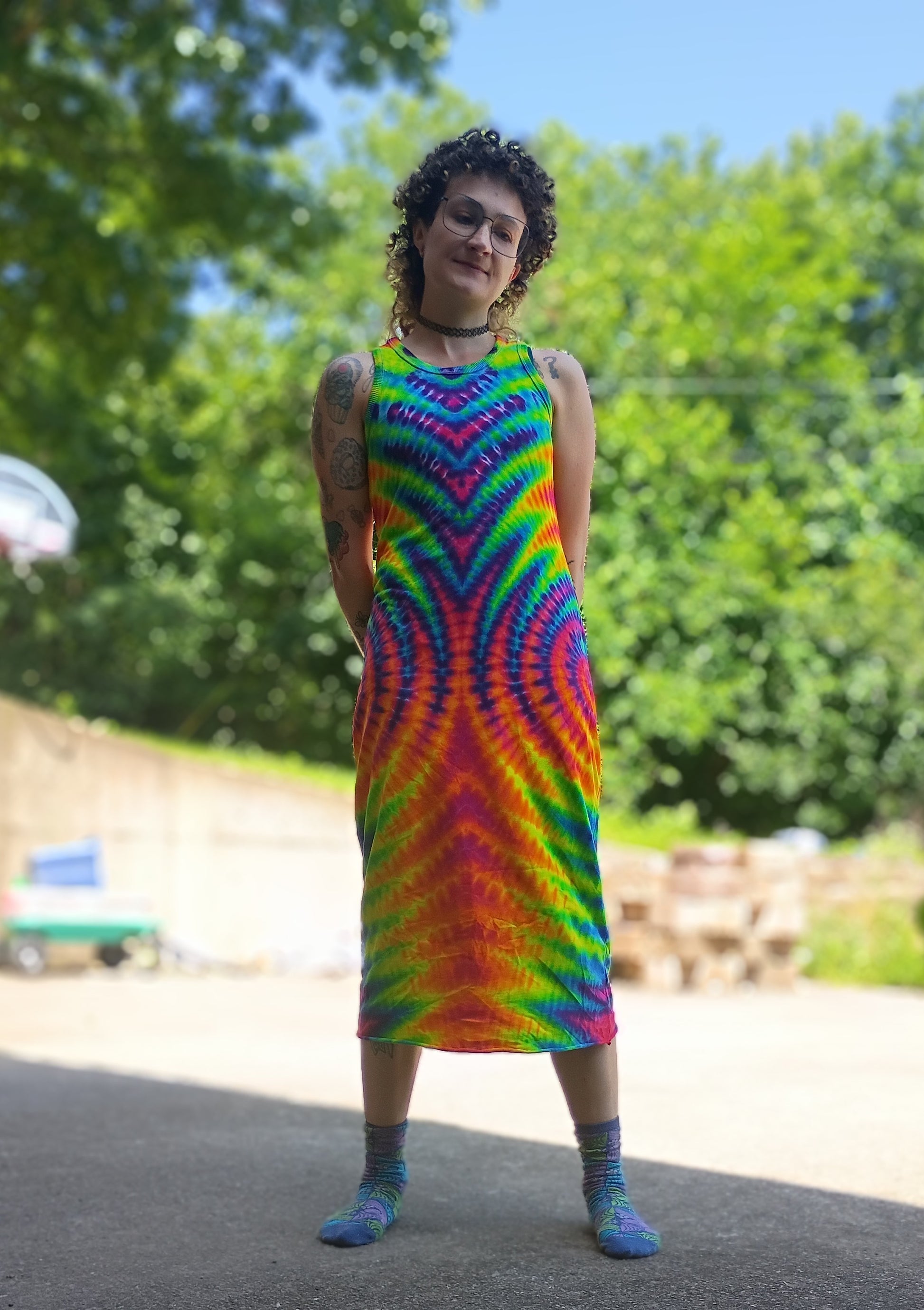 Womens Tie Dye Rainbow Wig Wag Dress Modeled