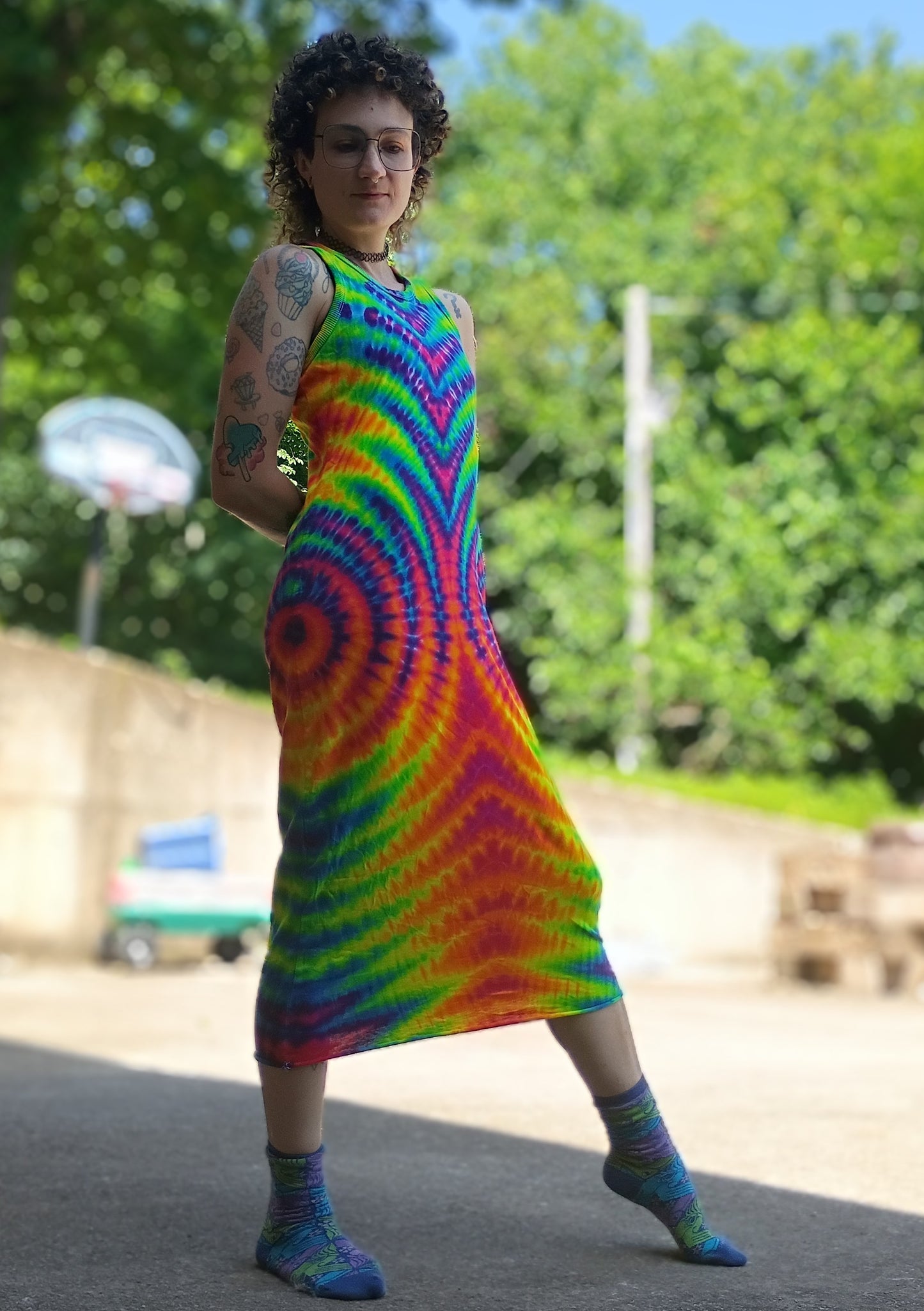 Womens Tie Dye Rainbow Wig Wag Dress Modeled 2